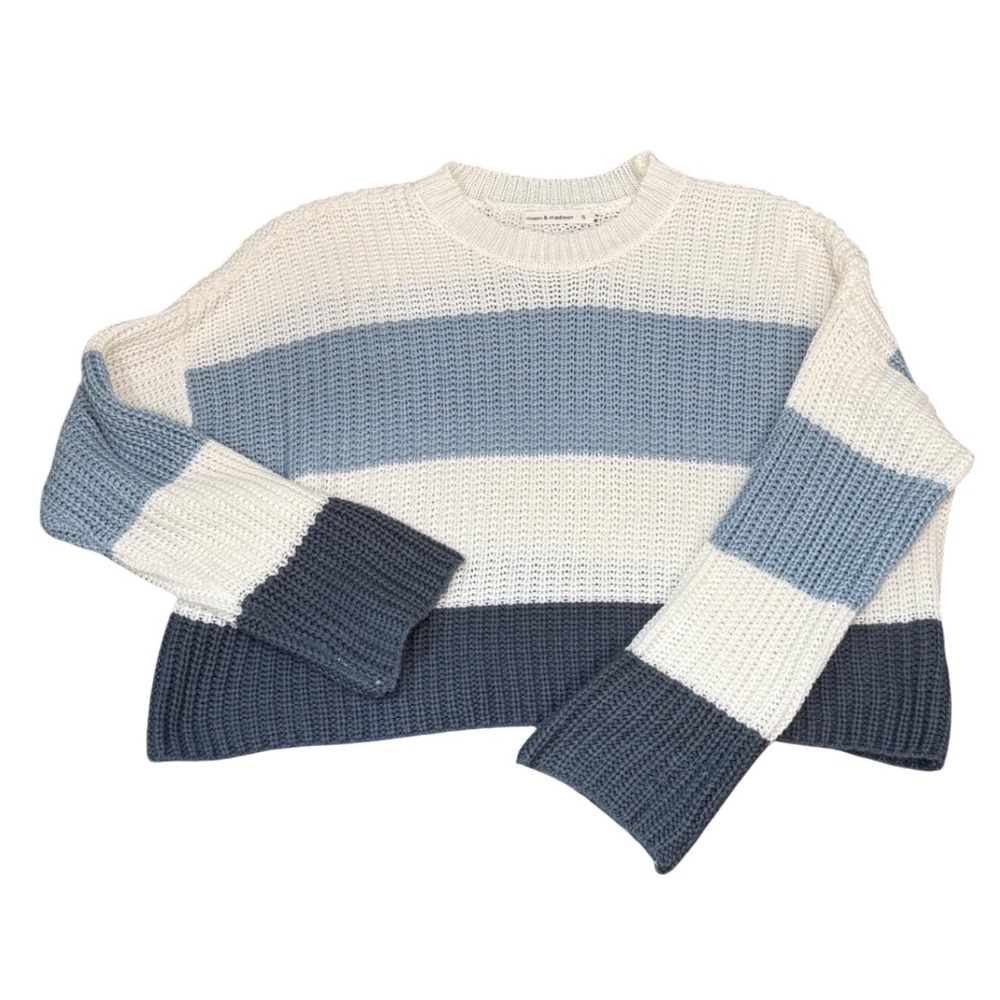 Moon & Madison Womens Blue Cream Striped Shaker Knit Cropped Boxy Sweater Small